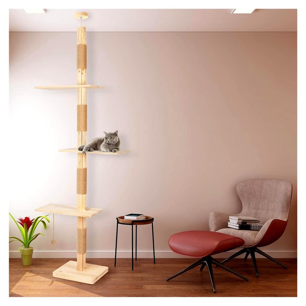 Decken-Kratzbaum Big Barry 230-270cm, Kiefer Massivholz deckenhoher Katzenkratzbaum mit Plattformen und Spielball