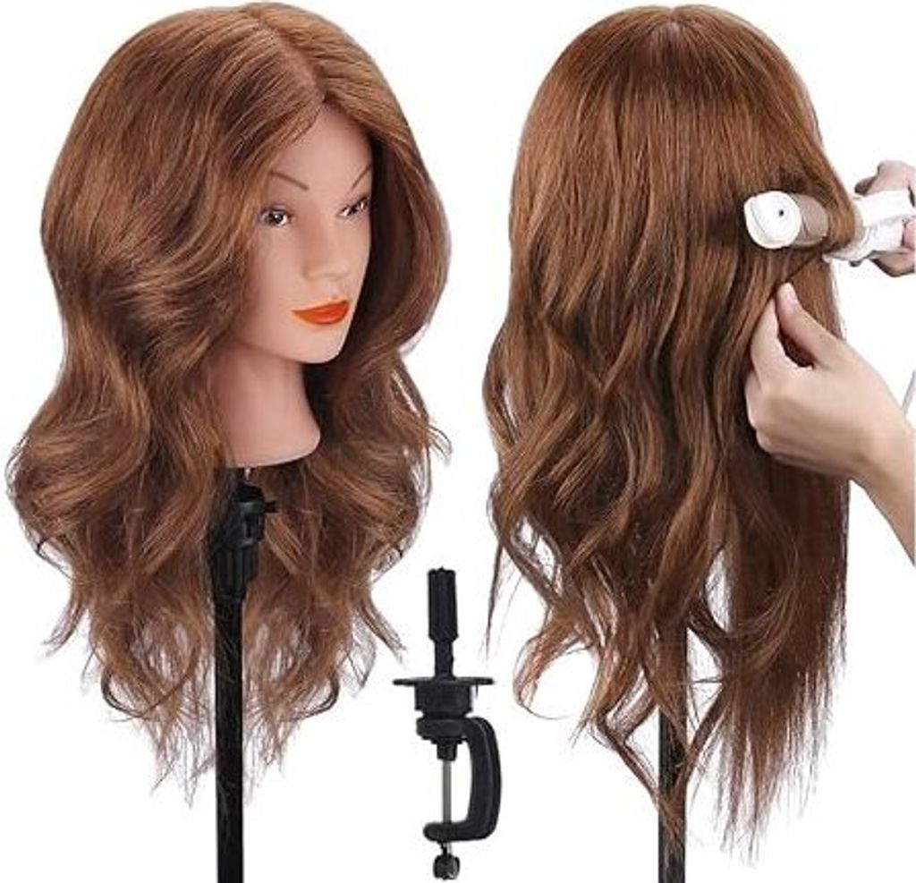 Frisierkopf, 18 Zoll Übungskopf Echthaar Haar Friseur Übungskopf Praxis Schaufensterpuppen Puppenkopf mit Klemme + DIY Haare Frisuren Set