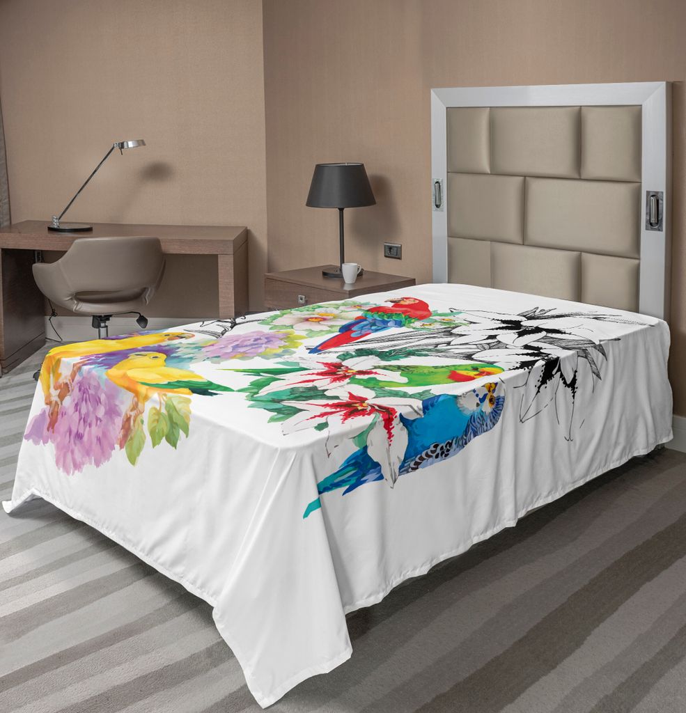 ABAKUHAUS Papagei Bettlaken, Papageien, Die Die Welt Auf Blumeblatt Garten Tropischem Vogel Druck Beobachten, weiches bequemes oberes Bettlaken fü...