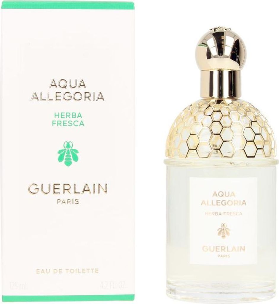 A product shot of Guerlain Aqua Allegoria Herba Fresca perfume bottle and its packaging.