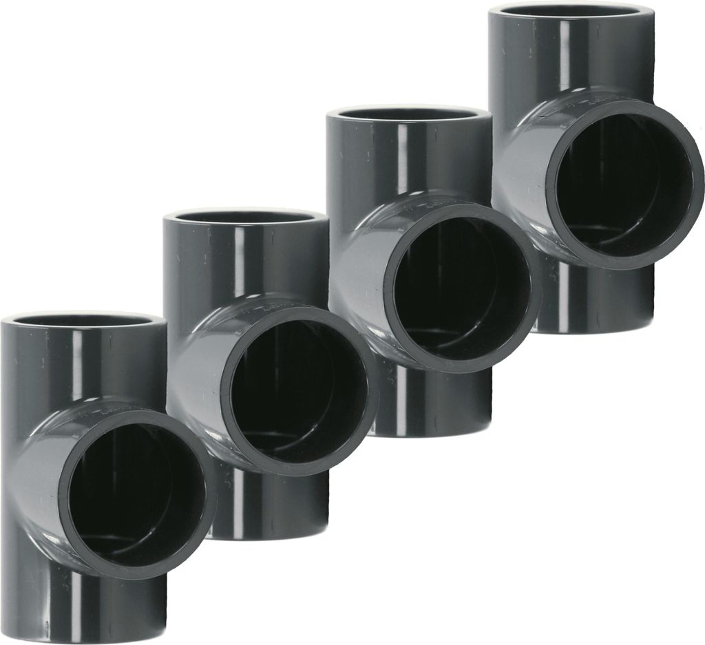 HAF 4x PVC Fittings T-Stück 90° mit 63mm | Klebemuffe x Klebemuffe x Klebemuffe | Verbinder aus grauem PVC-U | PN16 für PVC Rohr und Poolverrohrung