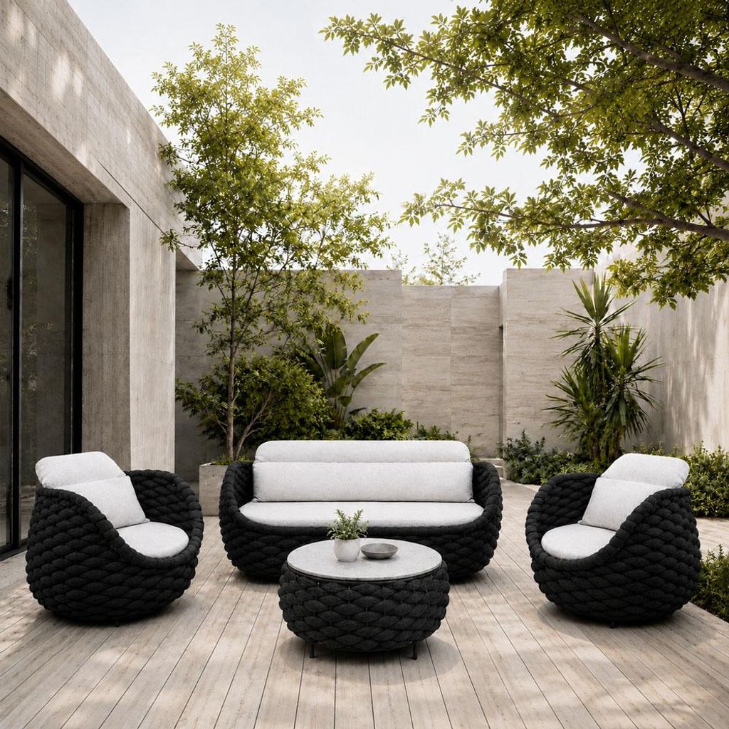 Gartenlounge Set 4-teilig mit 2 Einzelsesseln, Dreisitzer-Sofa und Couchtisch, Wasserabweisend, Ideal für Garten, Terrasse und Hof, Schwarz