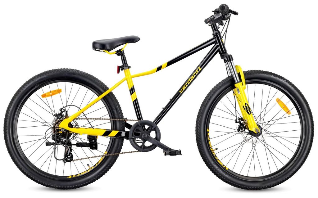 Mountainbike 26 Zoll MTB Shimano 7 Gänge Federung Scheibenbremsen Ständer Verdant Calix schwarz-gelb