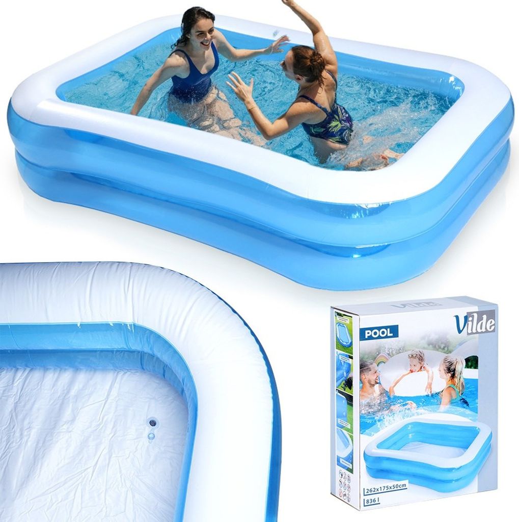 A collage of an inflatable swimming pool, with a close-up of the pool's interior and a product box.