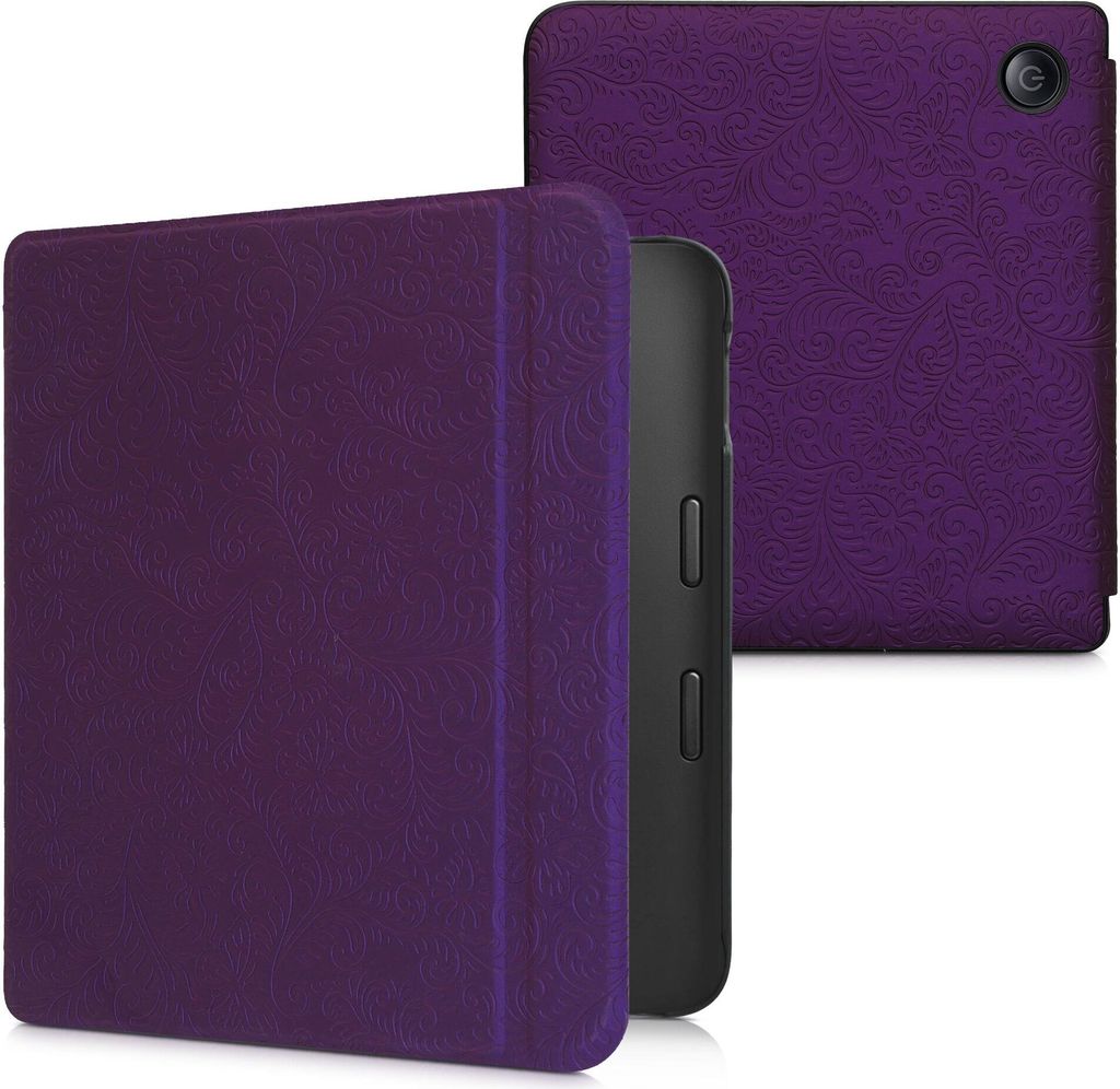 kwmobile Schutzhülle für Kobo Libra 2 Hülle - eReader Flip Case mit Auto Sleep Funktion - Geprägte Blumen mit Violett