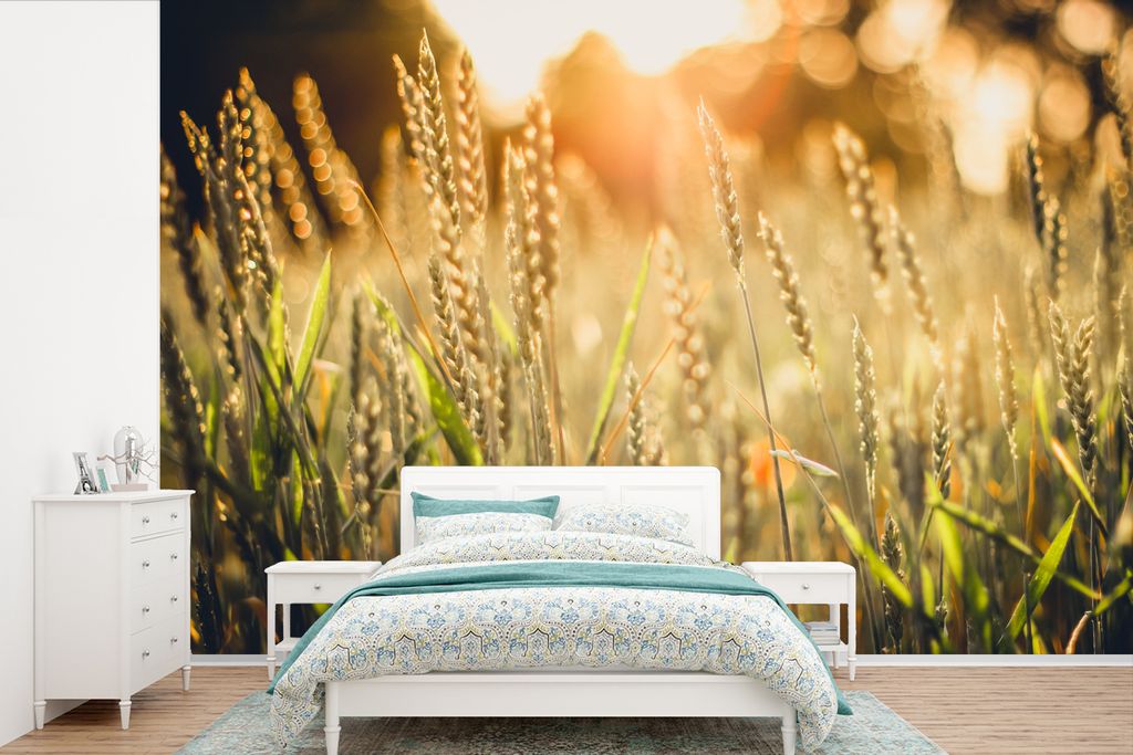 MuchoWow Fototapete für Wohnzimmer oder Schlafzimmer Wandtapete Vinyl Motivtapete Getreidefeld mit Sonnenstrahlen - 390x260 cm - Papiertapete