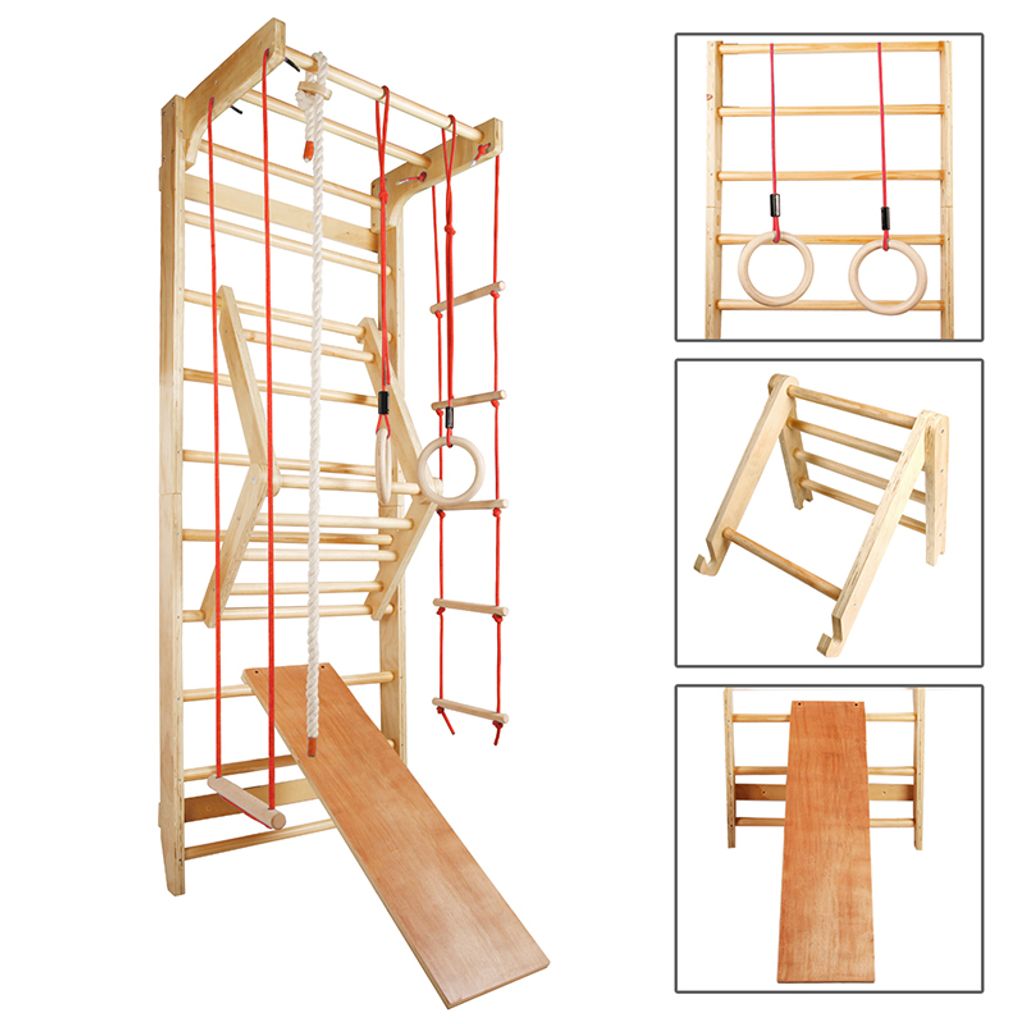 Sprossenwand Kletterwand Turnwand Klettergerüst Turngeräte Holz Kinder indoor, Color:Sprossenwand 004 - Rote Seile