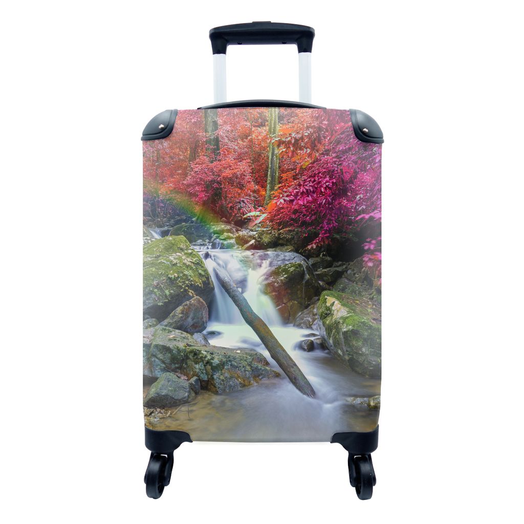 MuchoWow Koffer Handgepäck Trolley Rollkoffer Kleine Reisekoffer mit 4 Rollen - Regenbogen - Wasserfall - Bäume - Steine - Moos - Cabin Size < ...