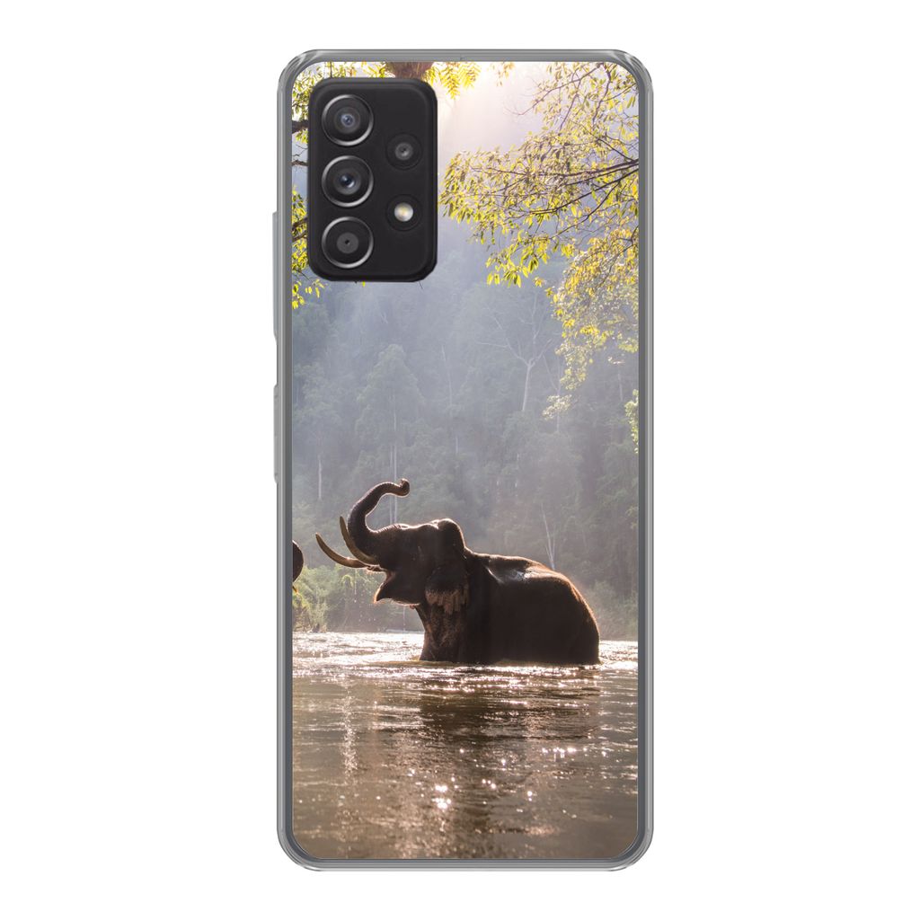 MuchoWow Handyhülle Schutzhülle Hülle für Samsung Galaxy A53 5G Elefant - Wasser - Tiere - Bäume - Sonne Silikon Softcase Handy Hülle - Sch...