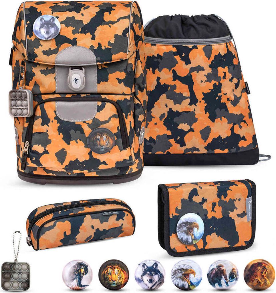 Belmil Motion ergonomisches Schulranzen Set 5-teilig "Orange Camouflage" aus recyceltem Material mit Brustgurt, Hüftgurt, Magnetverschluss, Patch ...