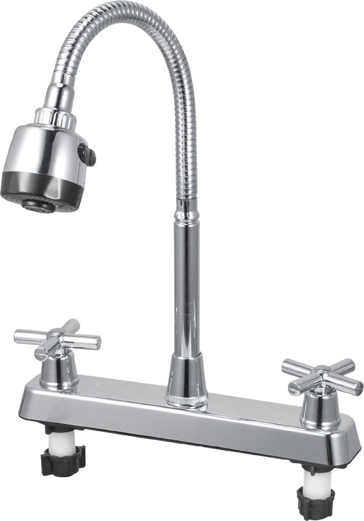 A chrome kitchen faucet with a flexible neck and two cross handles, shown against a white background.