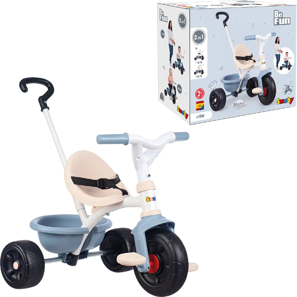 Tricycle Smoby Be Fun Bleu : Siège Réglable et Canne Parentale Stable
