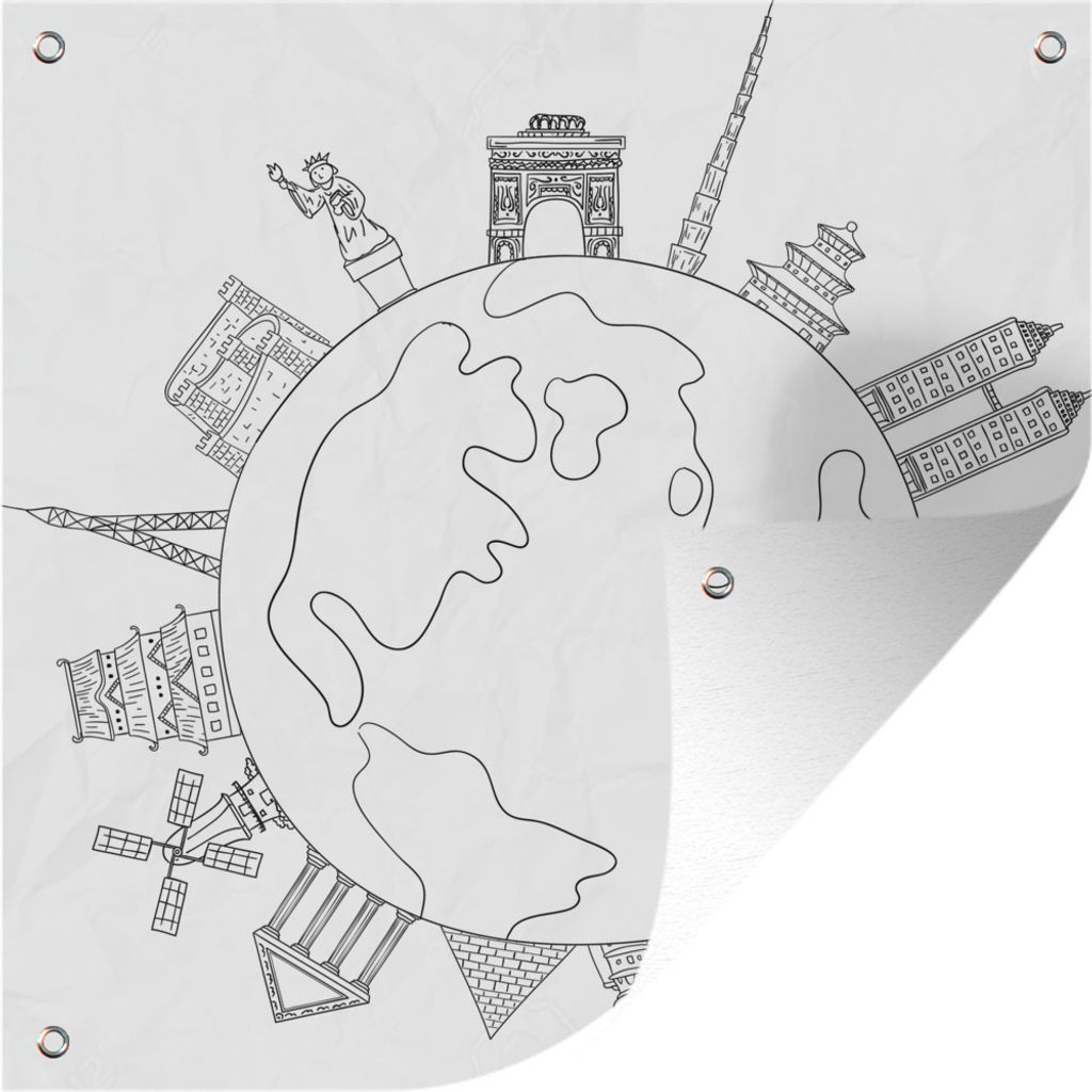 MuchoWow 50x50 cm Outdoor-Poster Gartendeko Sichtschutz Garten Poster für den Garten Schwarz-Weiß-Illustration von Wahrzeichen auf einem Globus