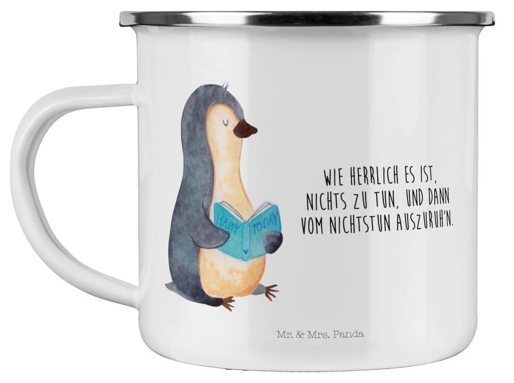 Mr. & Mrs. Panda Teetasse Pinguin Buch - Weiß - Geschenk, Urlaub, Pott, Pinguine, Lesen, Blechtasse, Haferl, becher emaille, Tasse, Kaffeepott