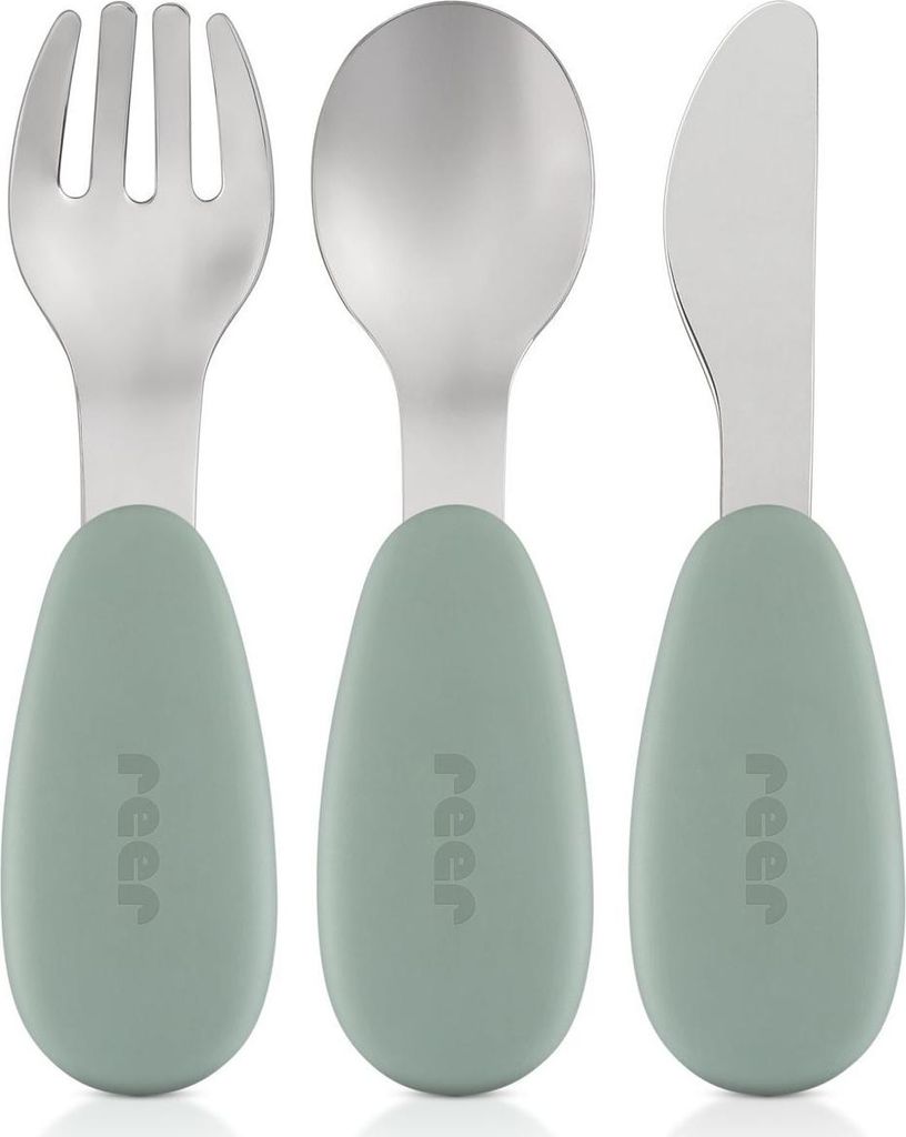 reer Silikon-Edelstahl Besteck 3-teilig für Babys ergonomisches Design lebensmittelecht grün/silber