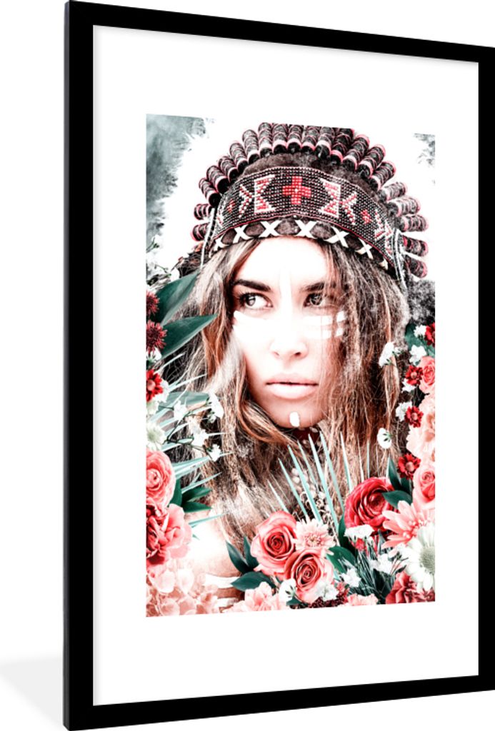 MuchoWow MuchoWow Gerahmtes Poster Frau - Blumen - Indischer Kopfschmuck - Rosen - Blumen 60x90 cm - Poster mit zchwarzem Bilderrahmen - Dekora...
