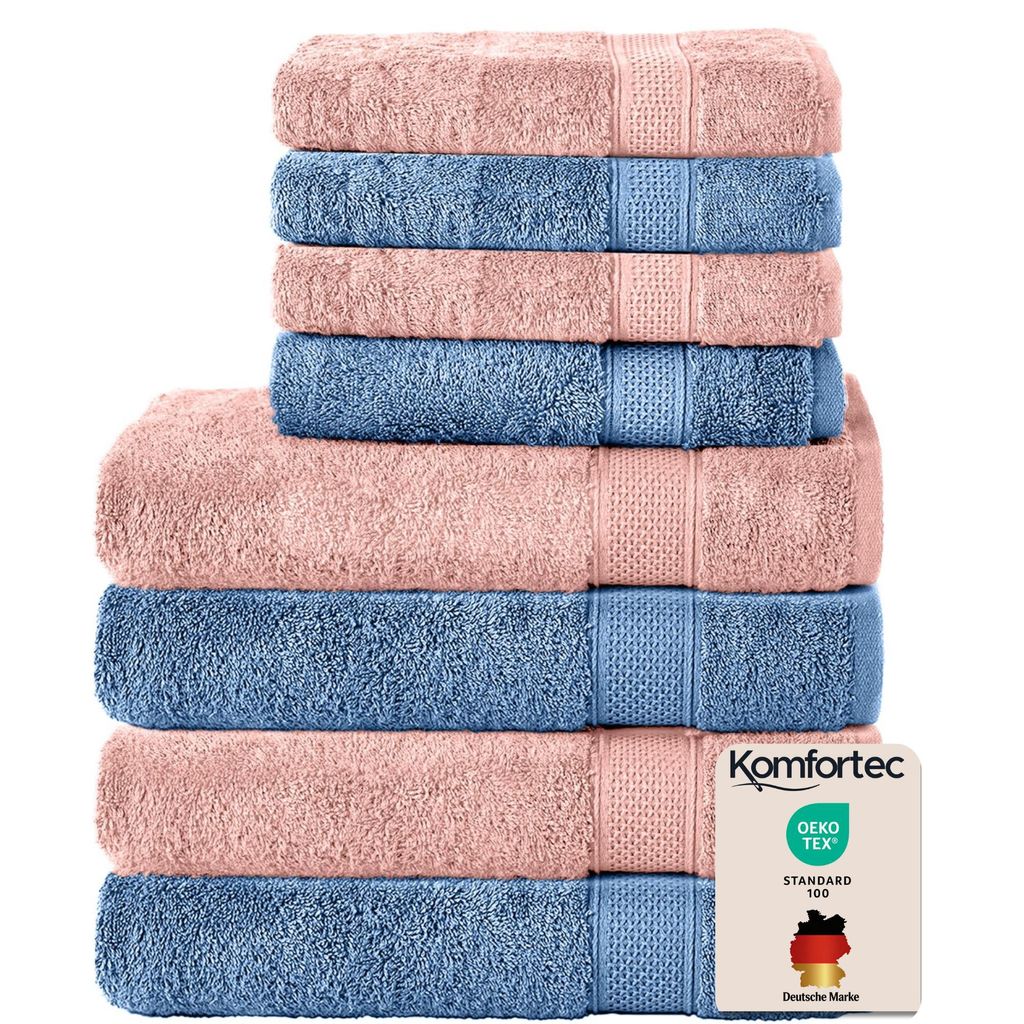 Komfortec 8er Handtuch Set aus 100% Baumwolle, 4 Badetücher 70x140 und 4 Handtücher 50x100 cm, Frottee, Weich, Towel, Groß, Rosa/Hellblau