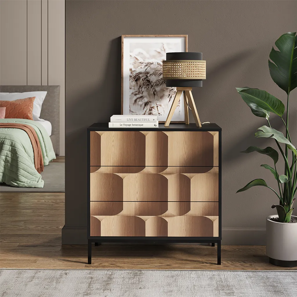 Buffet de chambre 3 tiroirs Vicco Eliza coloris noir et bois 80x81 cm
