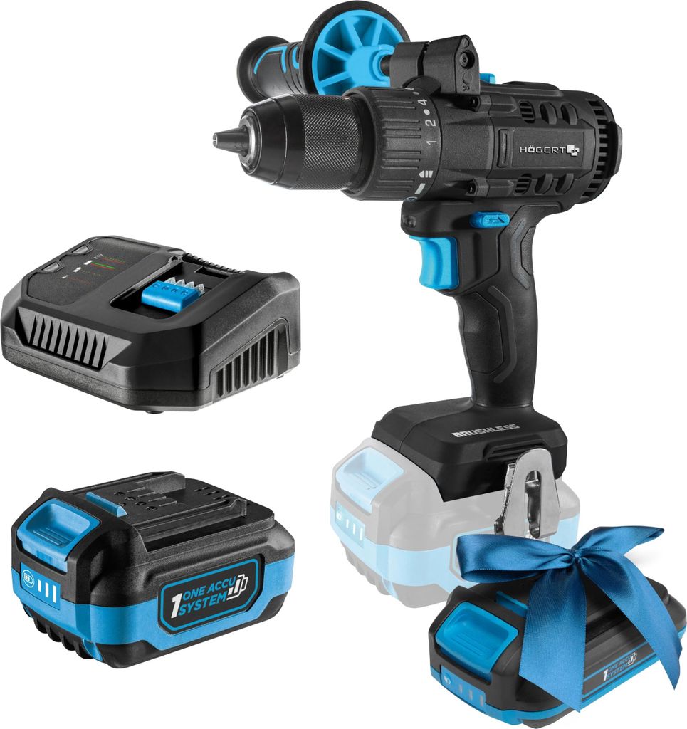 HÖGERT TECHNIK Bürstenloser Akku-Bohrschrauber Set 18V, 80 Nm Drehmoment, 4,0 Ah Akku, 4A Ladegerät, LED-Beleuchtung, Metallgetriebe, Für Holz ...