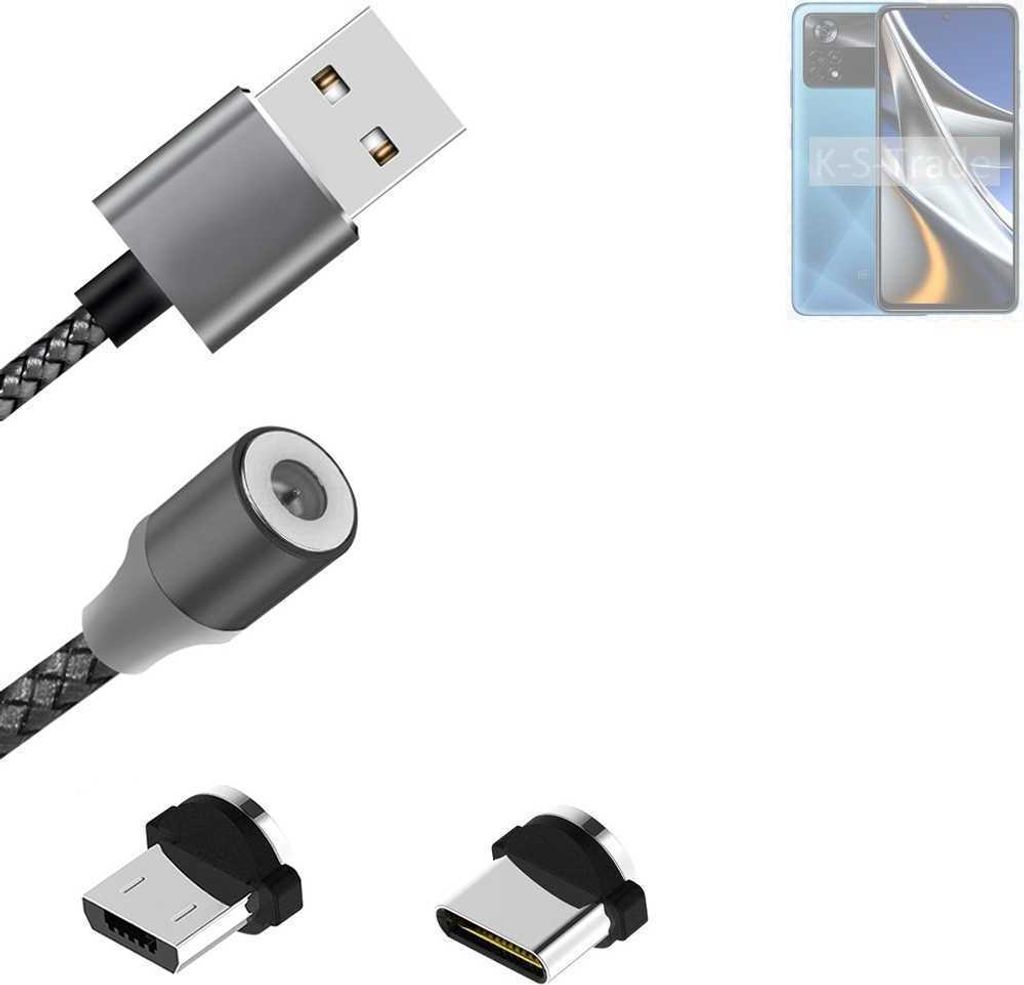 K-S-Trade Hochwertiges Magnet-Lade-kabel Sync-Kabel Daten-Kabel für POCO X4 Pro 5G mit USB-Typ-C-Anschluss und Micro-USB-Anschluss 2A bis zu 480mbps