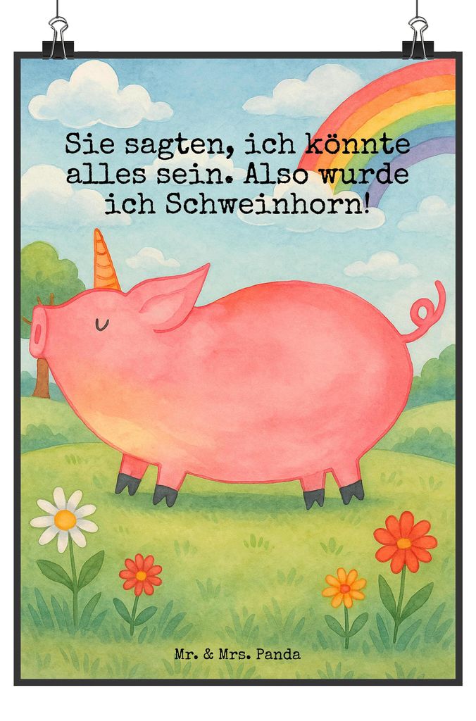 Mr. & Mrs. Panda Bild Einhorn Schwein Design DIN A2 - Weiß - Geschenk, Englisch, Einhörner, Plakat, English, wanddeko, drucke, Wandbild, Spruch, ...