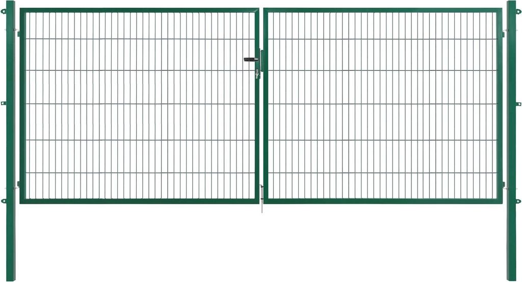 A double gate made of green metal mesh.