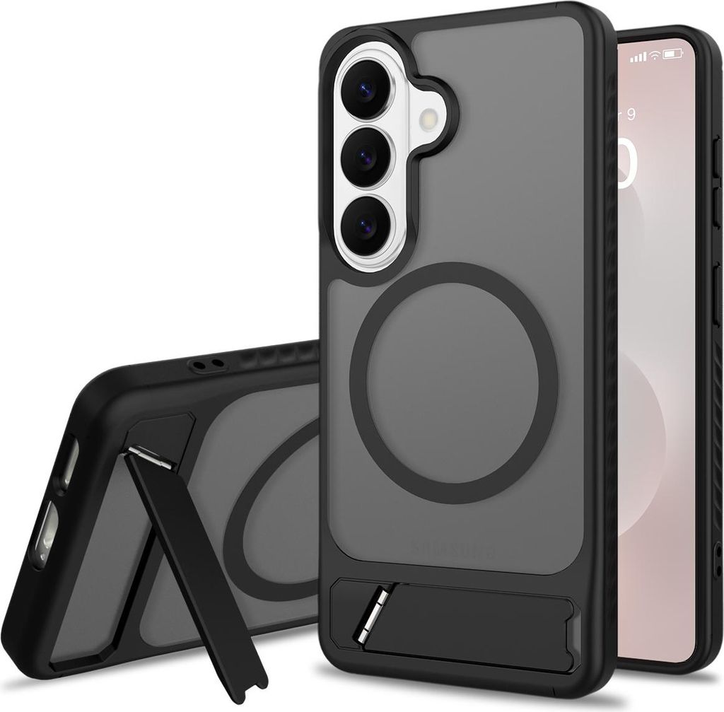 Magnetisch Hülle für Samsung Galaxy S26, Transluzente Matt Stoßfeste Hülle mit Ständer, Kompatibel mit MagSafe Schwarz