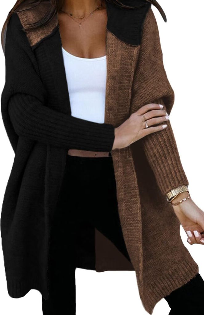 ASKSA Damen Strickjacken Kapuzenpullover Warm Lang Cardigan Strickmantel Casual Herbst Winter Grobstrickjacke Mit Kapuze (Kaffee,M)