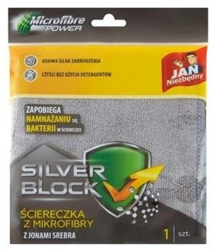 The image shows the packaging of a microfiber cleaning cloth with silver ions.