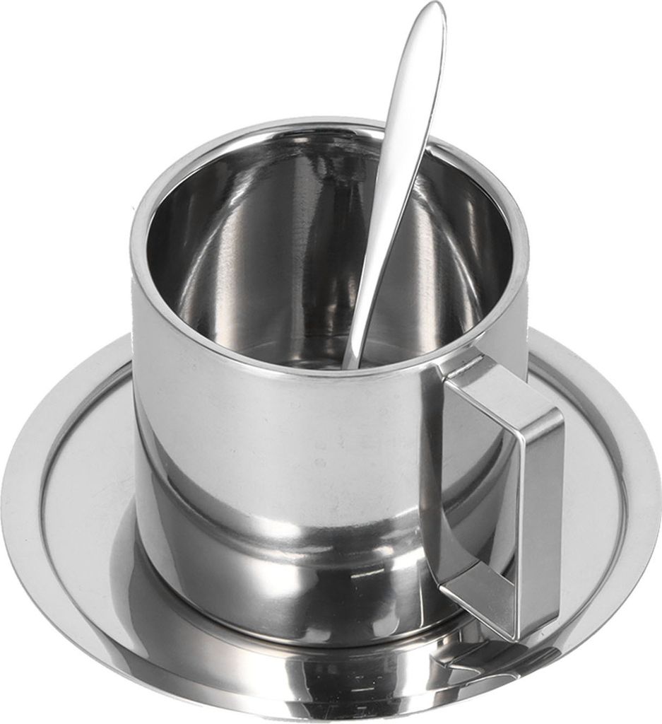 3-teiliges Kaffeetassen-Set aus Edelstahl mit doppelwandigen Bechern, Milchteetasse und Untertasse, Löffel-Set