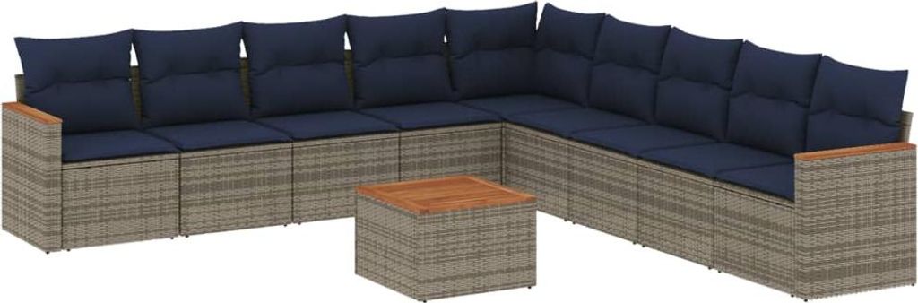 vidaXL 10-teiliges Gartensofa-Set mit Kissen, grau, Polyrattan