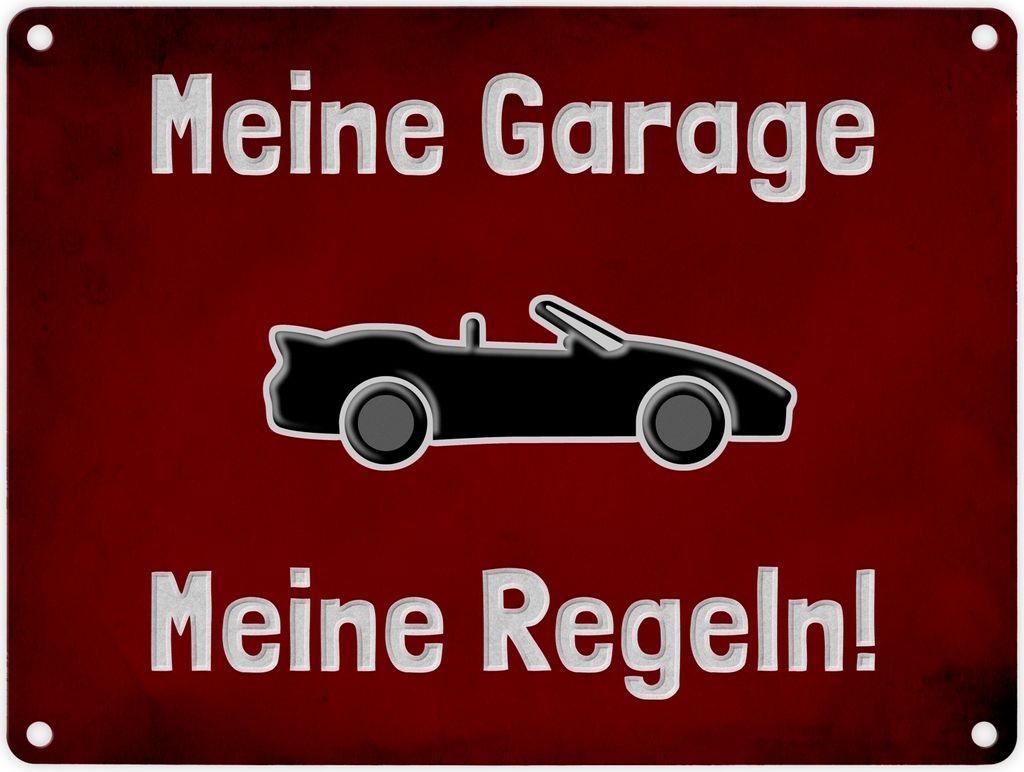 Meine Garage Meine Regeln! Metallschild in 15x20 cm mit Cabrio und rotem