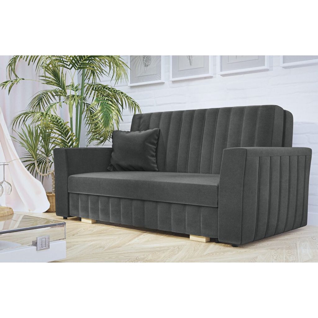 A dark gray sofa with a single throw pillow is shown in a well-lit room with a large potted plant and sheer curtains in the background.