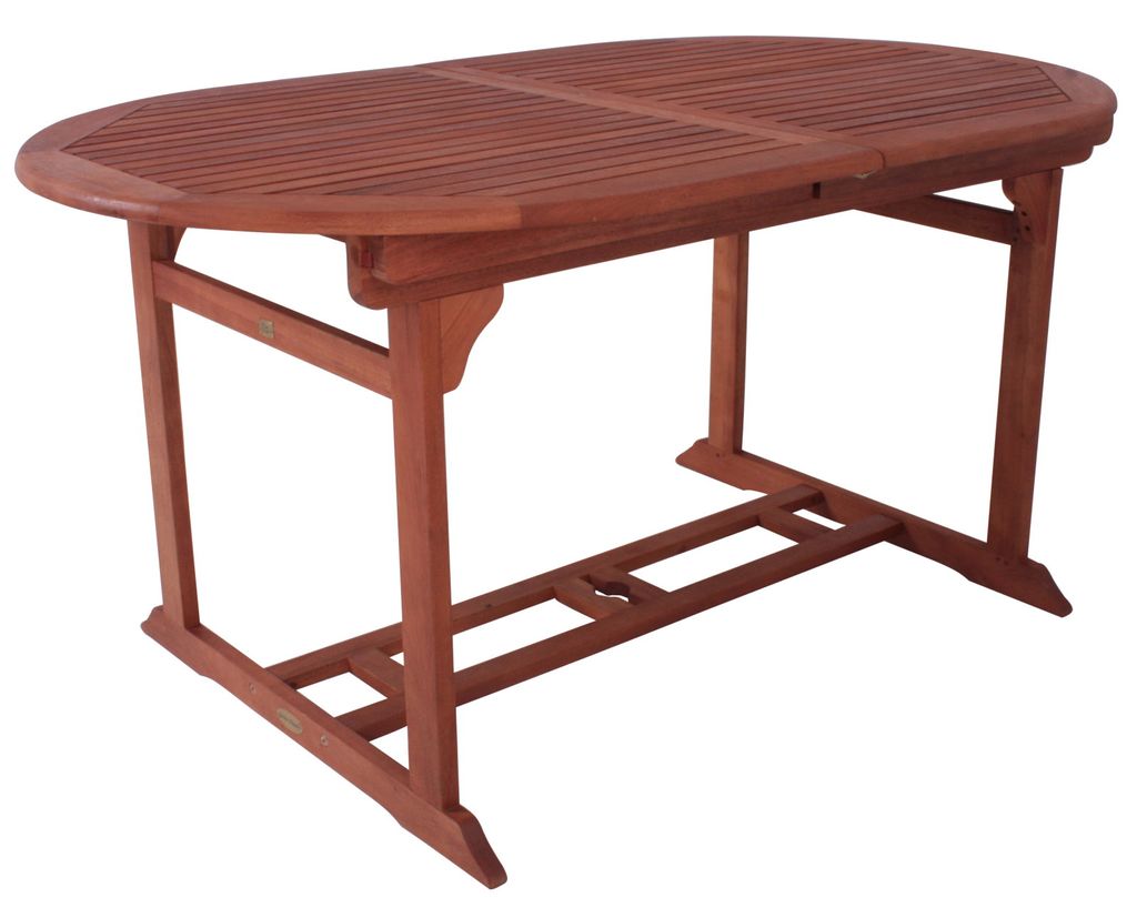 An oval wooden dining table with a slatted top and a slatted base structure.