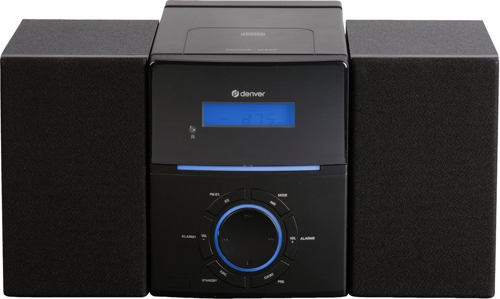 A black Denver MCA-240 compact micro system with two speakers is shown against a white background.