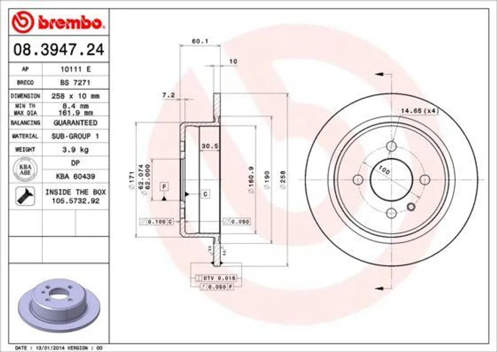 Brembo 08.3947.24 Disque de Frein Arrière pour BMW Série 3 E30 OE 34211119581