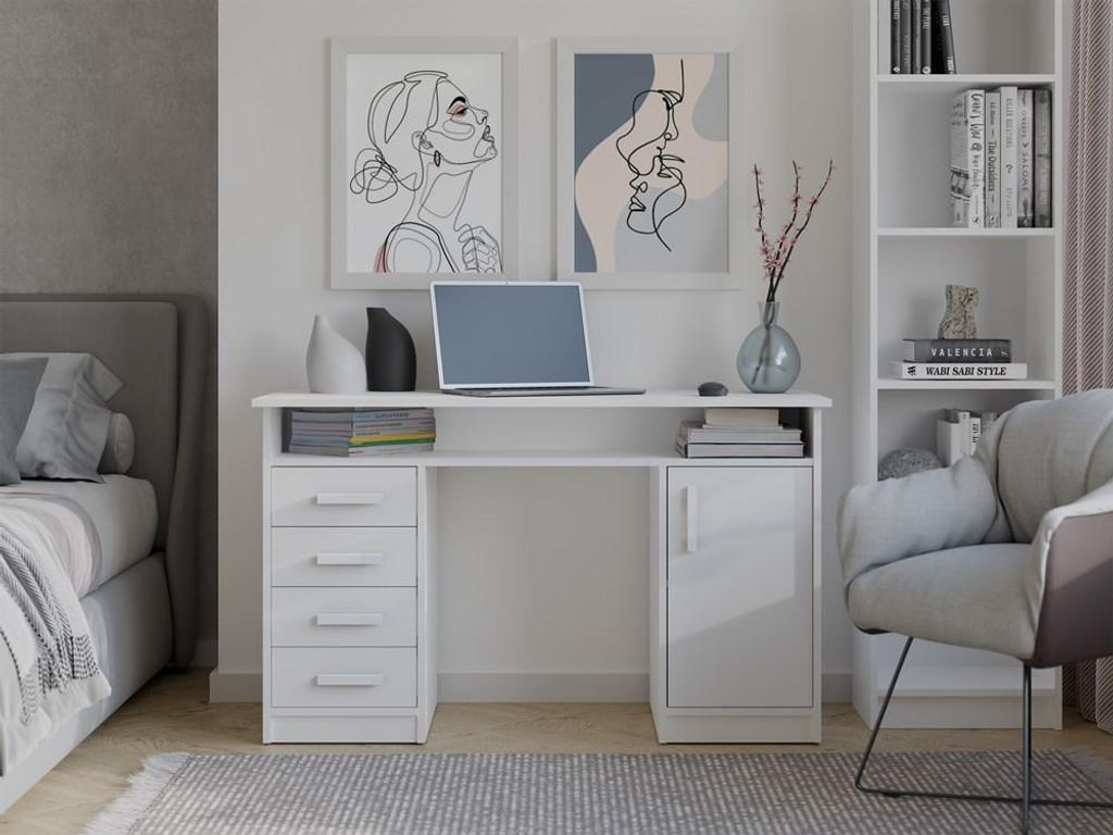 ADA WHITE Bureau 125 cm 4 Tiroirs Armoire Etagères Bureau Image du produit 