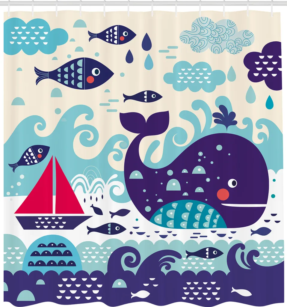 Rideau de douche violet 175x240 cm illustré voilier et poissons nuage
