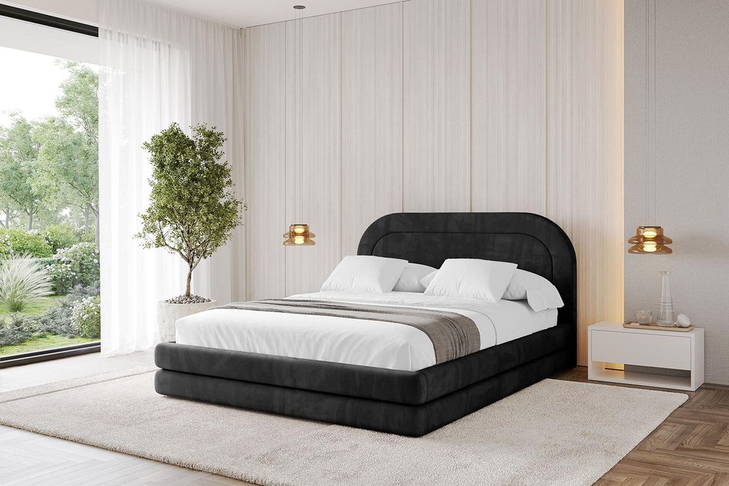 ALTDECOR Polsterbett mit Bettkasten - LERIS 200x200 Schwarz - Bett mit Matratze H3/H4, Kopfteil, Boxbett, Doppelbett mit Stauraum