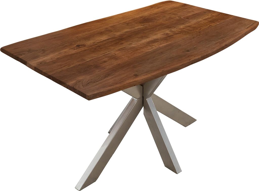 Baumkantentisch 140 x 80 cm Kalea, Akazienholz nussbaumfarben & massiv, Esstisch mit silbernem Spider-Metallgestell, Tischplatte 26 mm, Esszimmerti...