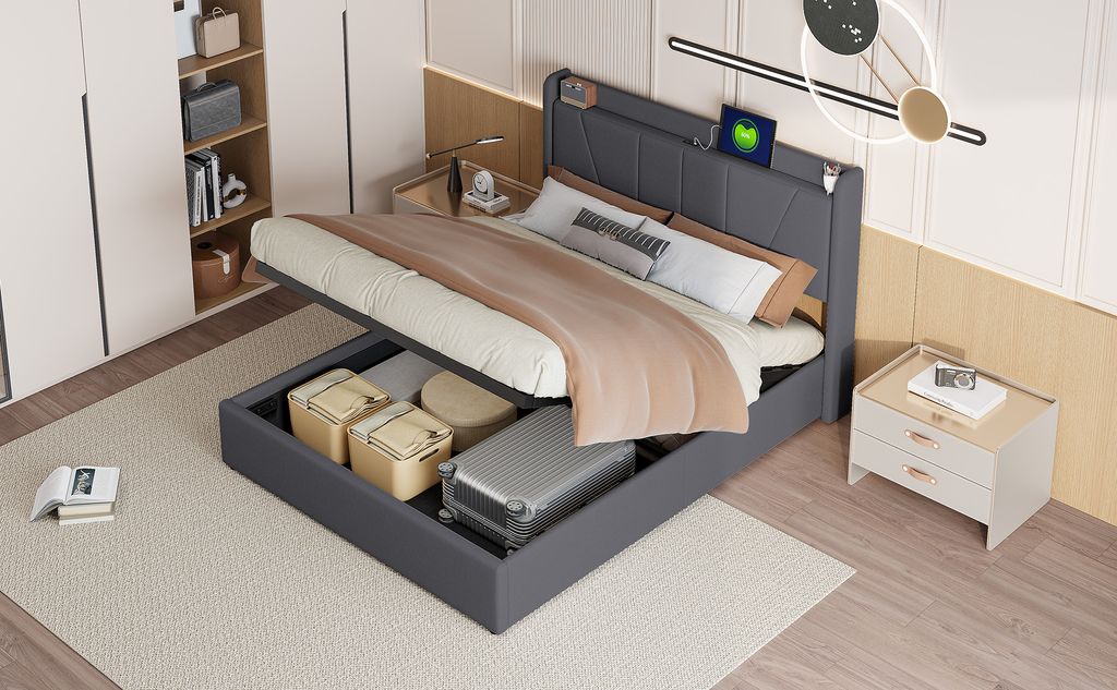 Gepolstertes Doppelbett 140 x 200 cm mit Stauraum, Bettgestell mit USB-/Typ-C-Anschluss, Lattenrost, Grau