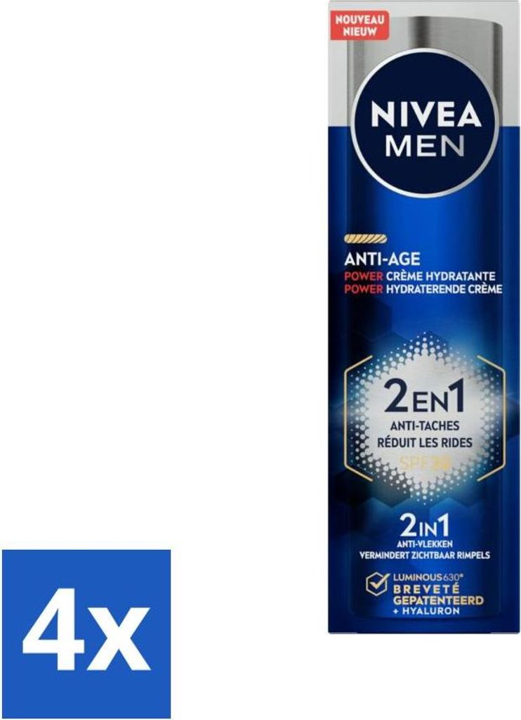 NIVEA MEN - Anti-Age 2-in-1 Power - Feuchtigkeitsspendende Gesichtscreme LSF 30 - 50 ml - Vorteilspack - 4 Stücke