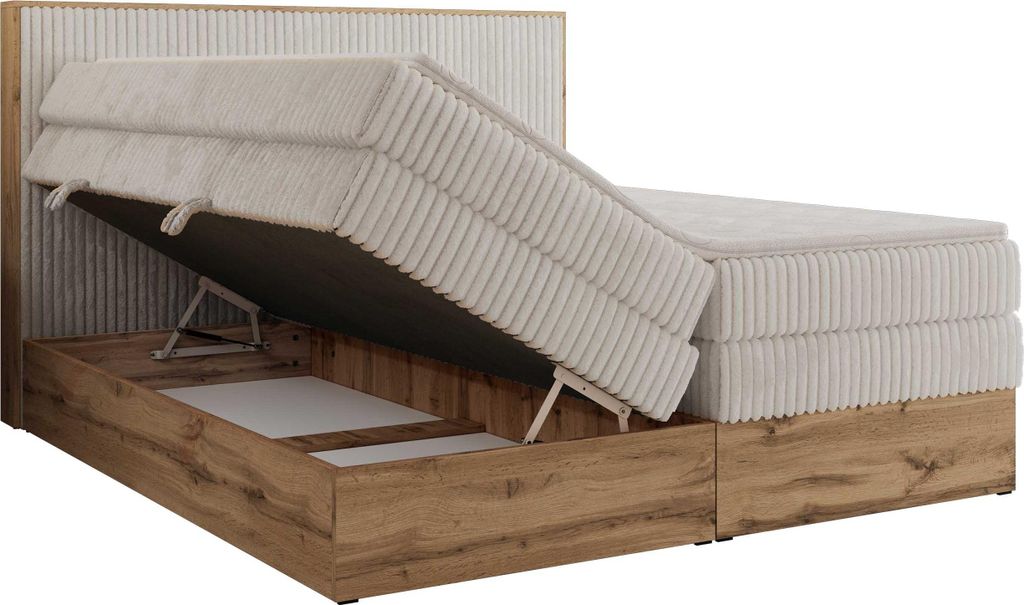 A bed with its storage compartment open, showing the mattress lifted.
