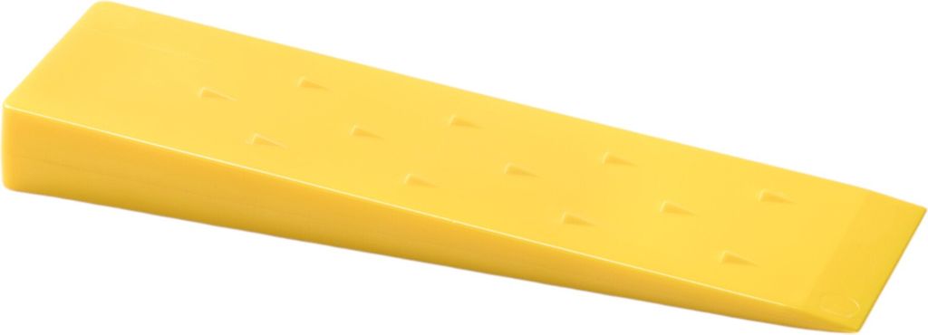 A yellow wedge used for splitting wood, shown in isolation against a white background.