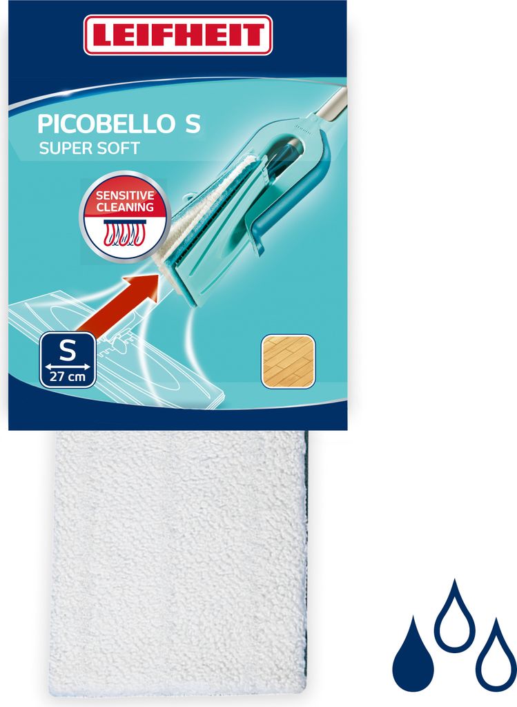 Packaging for a Leifheit Picobello S Super Soft mop pad.
