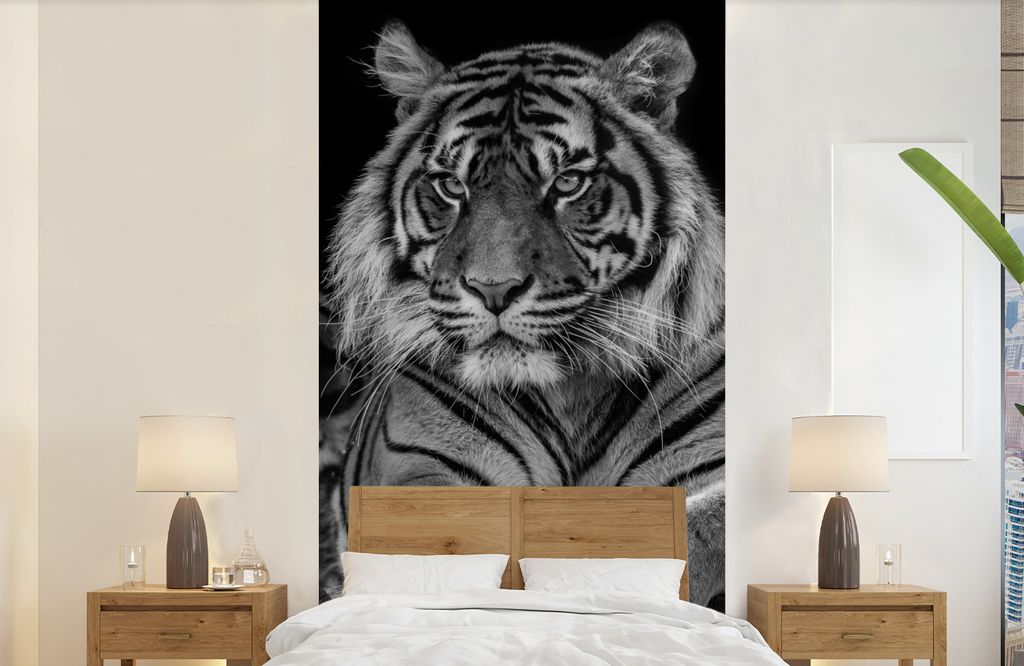 MuchoWow Fototapete für Wohnzimmer oder Schlafzimmer Wandtapete Vinyl Motivtapete Tierprofil Sumatra-Tiger in Schwarz und Weiß - 120x240 cm - H...