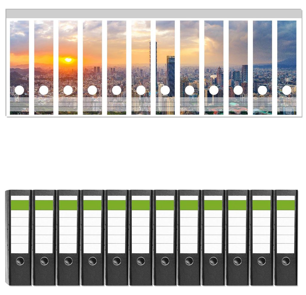 Wallario 12 Stück breite Ordner inkl. Klebeetiketten mit Motive Skyline mit Wolkenkratzern - Set mit Rückenschildern / Ordnerrücken Stickern