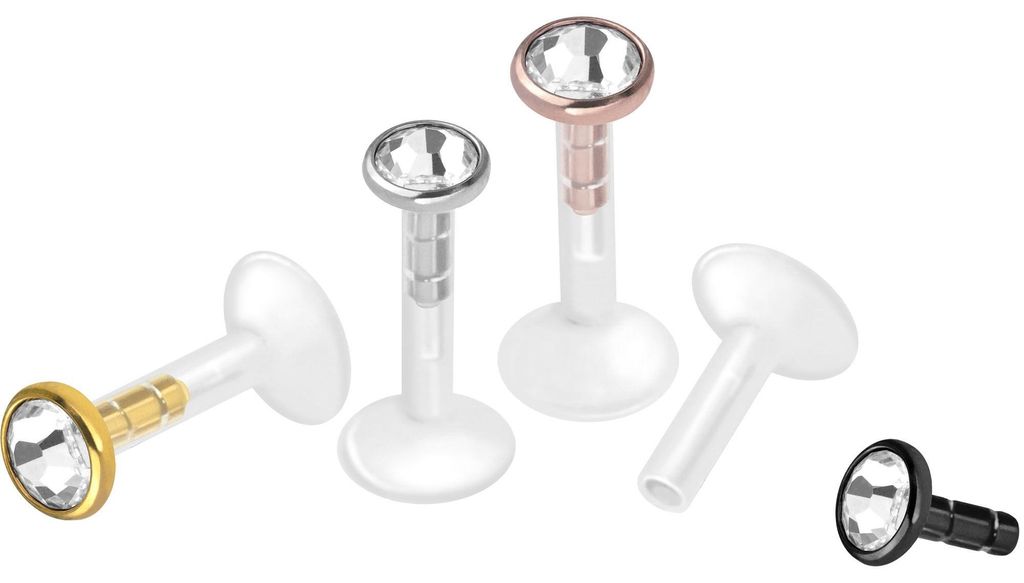 Ohrpiercing, Nasenpiercing PMFK Labret mit Plug-in System + Chirurgenstahl-Aufsatz FLACHER KRISTALL RoséGold Stablänge: 6mm | Discgröße: 2mm