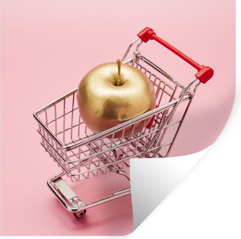 MuchoWow Wandtattoo Wandsticker Wandaufkleber Stillleben eines Miniatur-Einkaufswagens mit einem goldenen Apfel darin 100x100 cm Selbstklebend un...