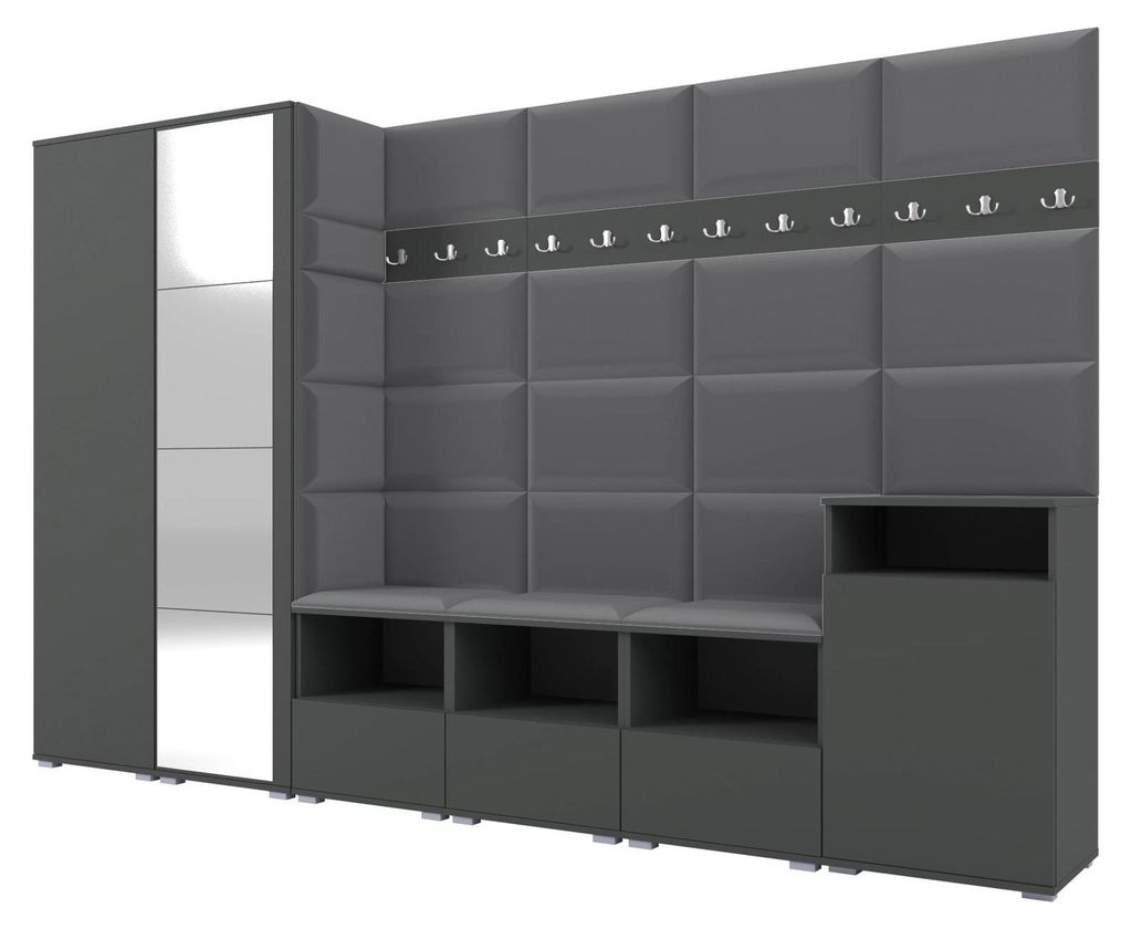 Garderobe NELA XII 300 cm Modulare Flurmöbel Graphit mit Spiegel & Sitzpolster Dunkelgrau 15 (Gigantisches Set)